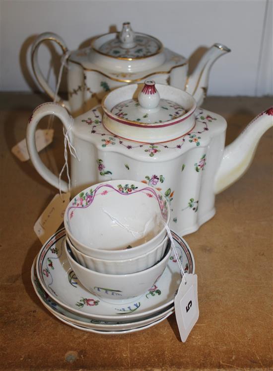 New Hall silver shape teapot, decorated gilt garlands (pattern 166), another teapot (267) & 3 tea bowls & saucers (faults & repairs)